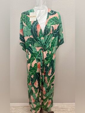 NWT  Show Me Your Mumu Get Twisted Maxi Kimono Dress L Tropical Leaf Print